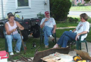 Becky sanding the window garnish moldings