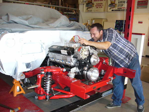 GM Performance ZZ383 crate motor is set into place and checked for angle.
