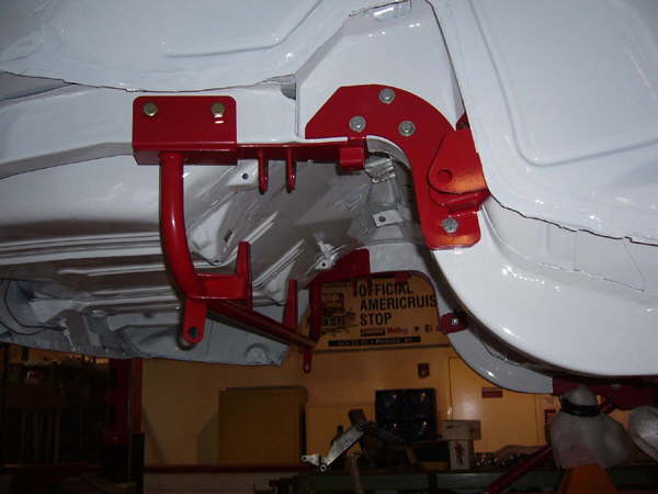 With the crossmember and brackets mounted awaiting the rear (upper crossmember has brackets installed for swaybar mounting)