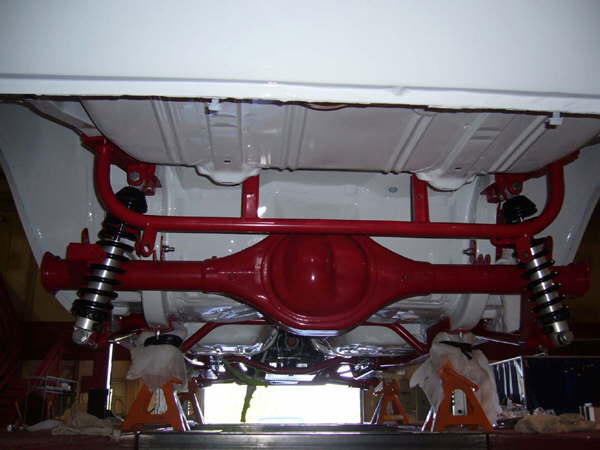 The Ford 9" rear housing and adjustable coilovers are installed